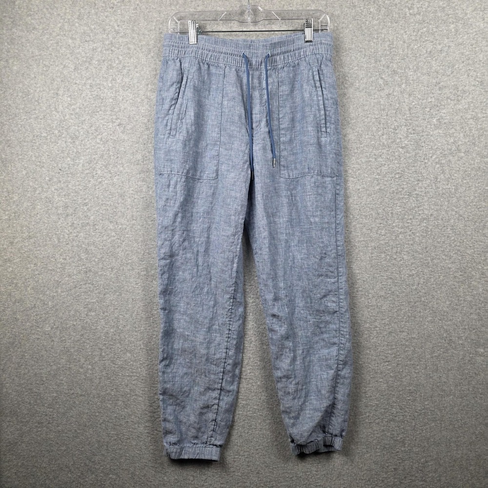 Athleta Jogger Pants Womens 8 Blue Linen Chambray Elastic Waist‎ Cuffed Travel